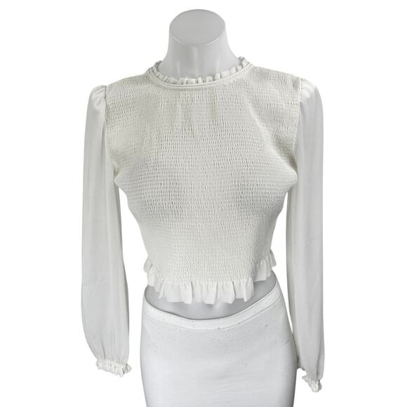 Aritzia Wilfred White Long Balloon Sleeve Smocked Mock Neck Blouse Top Size 2XS - Picture 1 of 4